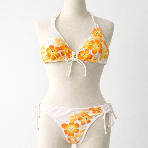 SUMMER GIRL Y2K Orange Hibiscus Rhinestone Bikini Set medium spring break beach - Picture 3 of 9